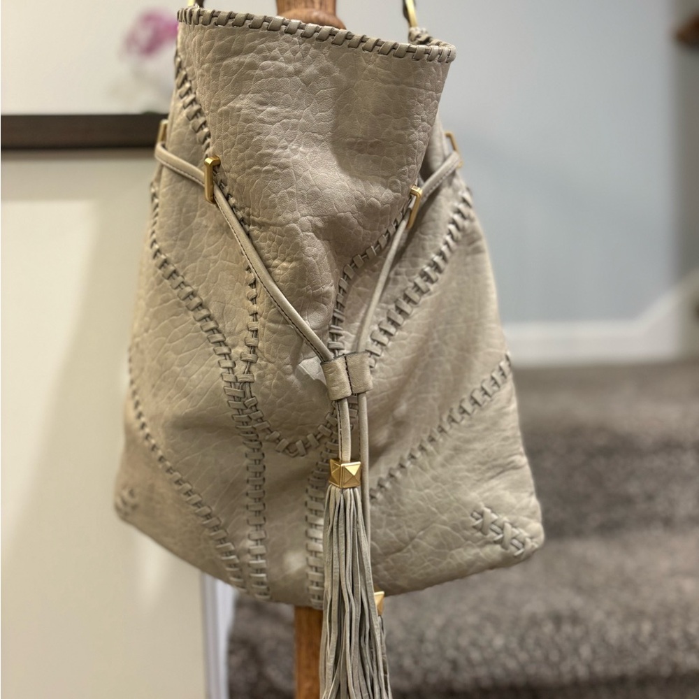Brian Atwood Cream Leather Hobo Bag with Tassel